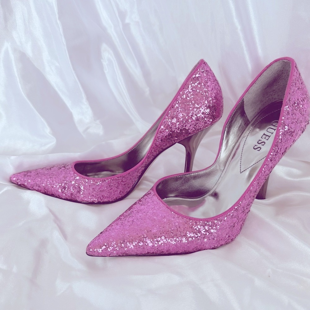 Guess Pink Sparkle Pointed Toe with Bronze Colored Heel